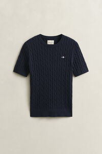 Stretch Cotton Cable Knit Short Sleeve Sweater