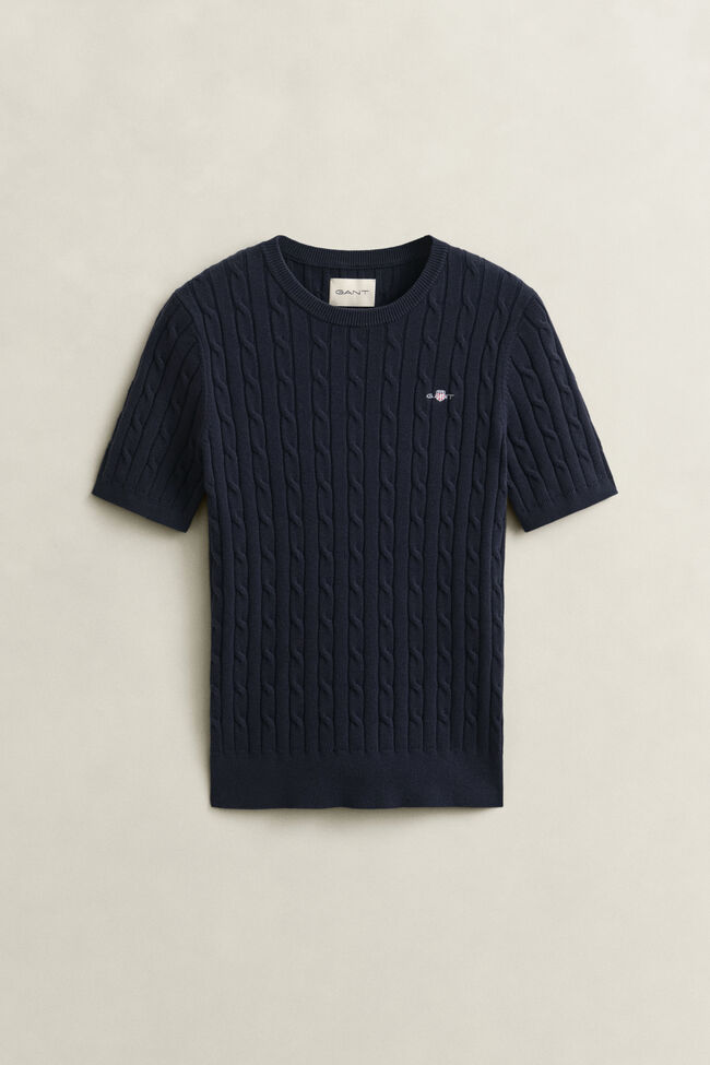 Stretch Cotton Cable Knit Short Sleeve Sweater