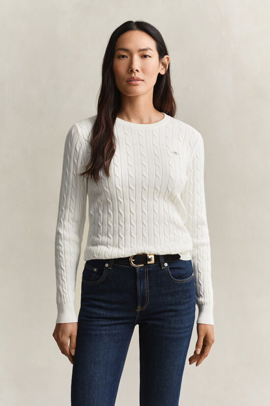 Stretch Cotton Cable Knit Crew Neck Sweater