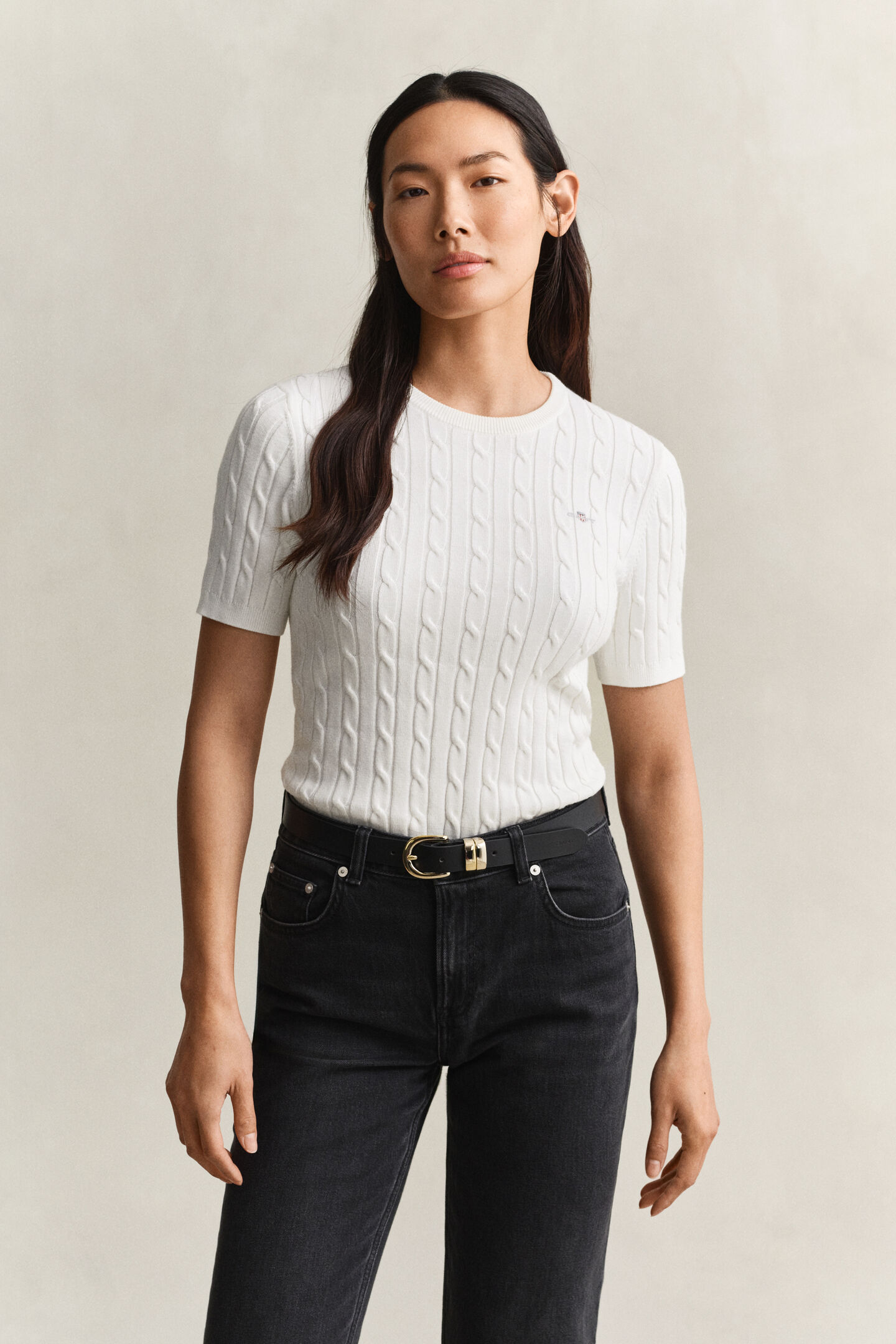 Stretch Cotton Cable Knit Short Sleeve Sweater
