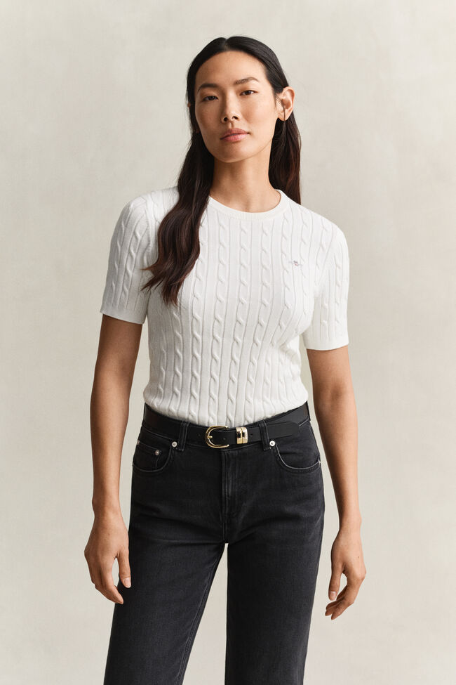 Stretch Cotton Cable Knit Short Sleeve Sweater