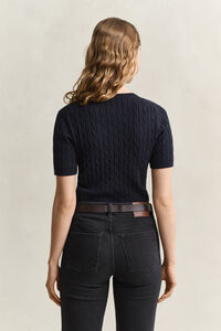 Stretch Cotton Cable Knit Short Sleeve Sweater