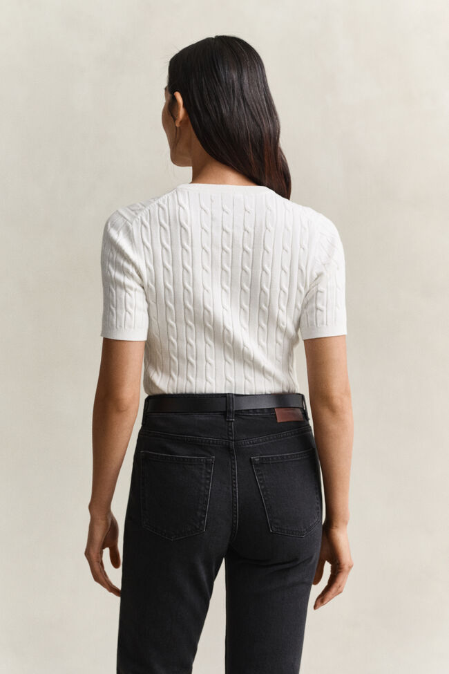 Stretch Cotton Cable Knit Short Sleeve Sweater